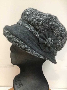 Womens, Cloche, N/L, Gray, Polyester, Tweed, Solid, L, Soft Structure, 8 Panel, Stitched Brim, Simple Floral Detail, 1920's Look