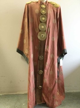 Mens, Robe, MTO, Clay Orange, Gold, Dk Gray, Silk, Metallic/Metal, Polka Dots, 42/44, Taffeta, Gold Woven Polka Dots, Gold Seed Bead Disk Epaulets and Center Front, Brown Suede Center Front, Long Sleeves,