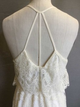 ASTR, Cream, Cotton, Polyester, Floral, (DOUBLE) Cream Floral Lace with Cream Lining, Cream Lace Flap with Spaghetti Straps Halter, Elastic Waist, Pullover