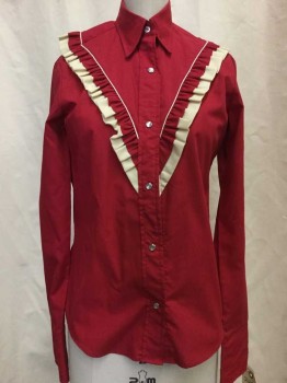 Womens, Shirt, CARAVAN, Ruby Red, Cream, Polyester, Cotton, Solid, 8, Ruby Red, Creme & Ruby V Ruffle Detail, Cream Piping Trim, Snap Front, Collar Attached, Long Sleeves,