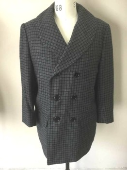 Mens, Coat 1890s-1910s, N/L, Slate Gray, Charcoal Gray, Black, Wool, Check , 38, Double Breasted, Wide Shawl Lapel, 2 Pockets, Black Lining,