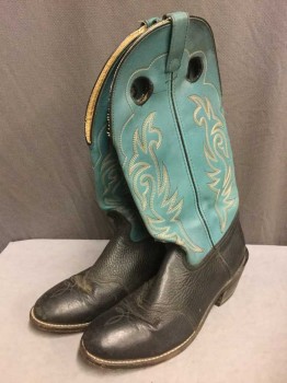 DOUBLE H, Turquoise Blue, Black, Cream, Beige, Leather, Color Blocking, Turquoise Ankle, Black Foot, Cream, Beige and Black Embroidery, Hole Cut Outs at Top of Leg Opening, 2" Cuban Heel