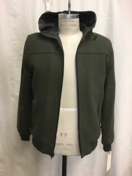 AMERICAN RAG, Olive Green, Wool, Polyester, Solid, Olive Green, Zip Front, Zip Pockets, Hood