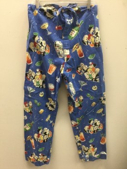 Mens, Sleepwear PJ Bottom, NICK & NORA, French Blue, Multi-color, Cotton, Novelty Pattern, Human Figure, L, French Blue with Colorful Novelty People Having Cocktails Pattern, Flannel, Drawstring Waist, 2 Snap Closures at Fly
