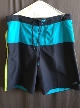 SPEEDO, Black, Turquoise Blue, Neon Yellow, Polyester, Color Blocking, 2" Waistband, Velcro & Lacing Up, 1/2" Neon Yellow Side Stripes, 2 Side Pockets,