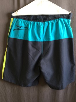 SPEEDO, Black, Turquoise Blue, Neon Yellow, Polyester, Color Blocking, 2" Waistband, Velcro & Lacing Up, 1/2" Neon Yellow Side Stripes, 2 Side Pockets,