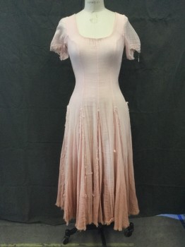 Womens, Sci-Fi/Fantasy Dress, MTO, Pink, Mauve Pink, Cotton, Ombre, W 26, B 32, Fantasy Medieval Farmer's Daughter, Gauzy, Light Pink Ombre to Darker, Gathered Short Sleeves, Scoop/Boat Neck, Godets with Raw Seams, Raw Sleeve/Skirt Hems, Aged, Snap Back, Some Godets Have Open Holes
