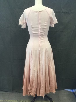Womens, Sci-Fi/Fantasy Dress, MTO, Pink, Mauve Pink, Cotton, Ombre, W 26, B 32, Fantasy Medieval Farmer's Daughter, Gauzy, Light Pink Ombre to Darker, Gathered Short Sleeves, Scoop/Boat Neck, Godets with Raw Seams, Raw Sleeve/Skirt Hems, Aged, Snap Back, Some Godets Have Open Holes