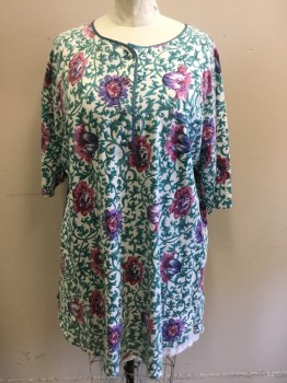 Womens, Nightgown, INTIMATE PLEASURES, White, Teal Green, Purple, Maroon Red, Pink, Cotton, Floral, 22/24, Scoop Neck with Satin Trim, 4 Fabric Covered Button Front, 1 Pocket, Short Sleeves, Knee Length