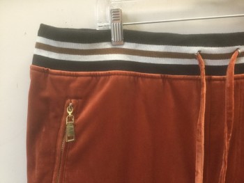 PRESTIGE, Rust Orange, Black, White, Brown, Polyester, Rayon, Solid, Rust Velvet with Black/White/Brown Striped Rib Knit Waistband, Drawstrings at Waist, 4 Pockets