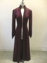 Womens, Sci-Fi/Fantasy Coat/Robe, MTO, Red Burgundy, Polyester, Spandex, Dots, XS, 34B, Shiny and Fuzzy! Textured Velvet, Floor Length, No Closures, Empire Waist, Long Pointed Sleeves, Gore Center Back for Swoosh, Wired Stand Collar for Shaping with Panache