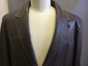 FOX 15, Brown, Leather, Solid, Notched Lapel, 2 Button Front, Pocket Flaps