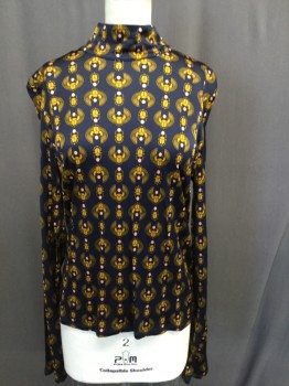 RODEBJER, Navy Blue, Gold, Pink, Viscose, Insects Print, Mock Neck, Long Sleeves,