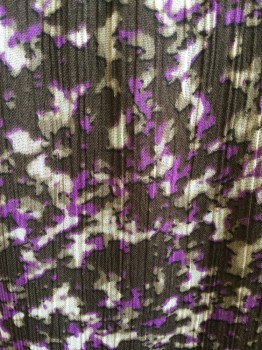 JONES WEAR, Dk Brown, Lavender Purple, Cream, Lt Brown, Polyester, Abstract , Sheer with Solid Brown Lining, 2" Waistband, Panel Flair Bottom, Side Zip