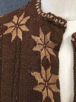 Womens, Vest, ANGELS FUNDUS, Brown, Lt Pink, Navy Blue, Wool, Fair Isle, B34, Depression Style. Brown Vest with Pale Pink Snowflake Pattern, Aged. Character, 4 Buttons with Elastic Button Loops, Knitted Vest Enforced with Another Knitted Vest Underneath of Light Blue & Navy Wool, Some Red Areas.
