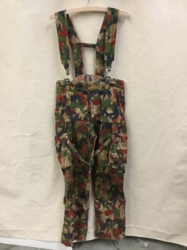 Mens, Jumpsuit, N/L, Khaki Brown, Rust Orange, Black, Cream, Olive Green, Poly/Cotton, Plastic, Camouflage, 34, 34, Khaki/rust,black,cream,olive Camouflage Print Cargo with Self Straps/Suspender Attached, Metal Button Snap Front, Plastic Matching Color Inlay Front, D-string Hem