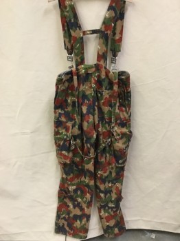 Mens, Jumpsuit, N/L, Khaki Brown, Rust Orange, Black, Cream, Olive Green, Poly/Cotton, Plastic, Camouflage, 34, 34, Khaki/rust,black,cream,olive Camouflage Print Cargo with Self Straps/Suspender Attached, Metal Button Snap Front, Plastic Matching Color Inlay Front, D-string Hem