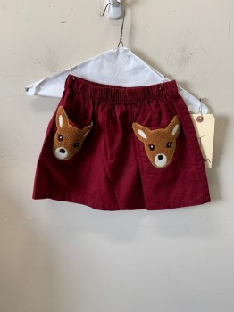 Childrens, Skirt, OSHKOSH, Red Burgundy, Brown, Cream, Black, Cotton, Solid, Animal Print, 5T, Elastic Waist, 2 Pockets with Faces of a Doe Patches,