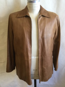 BRUNO MAGLI, Camel Brown, Leather, Solid, Collar Attached, Zip Front, 2 Vertical Pockets on Seams, Sand with Brown/french Blue/golden Yellow Windowpane Lining, Long Sleeves,