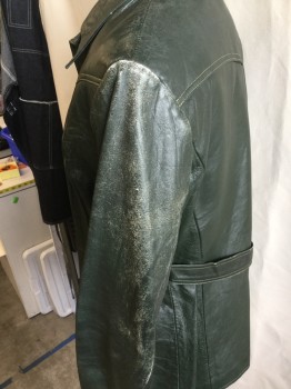 Womens, Leather Jacket, FOX 38, Forest Green, Leather, Solid, B:36, Dark Forrest Green Lining, Collar Attached, Yoke Front & Back, 3 Button Front, Long Sleeves, 2 Pockets, Attached Short Belt Back (worn Out Both Shoulders and Left Arm)