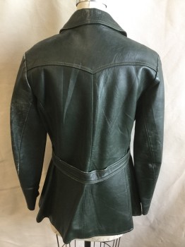 Womens, Leather Jacket, FOX 38, Forest Green, Leather, Solid, B:36, Dark Forrest Green Lining, Collar Attached, Yoke Front & Back, 3 Button Front, Long Sleeves, 2 Pockets, Attached Short Belt Back (worn Out Both Shoulders and Left Arm)