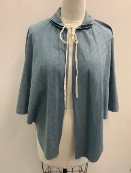 Womens, Historical Fiction Cape, N/L MTO, Slate Blue, Wool, Solid, Herringbone, O/S, Short Capelet, Rounded Collar Attached, Open at Front with White Silk Ties at Neck, Made To Order