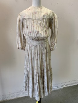Childrens, Dress 1890s-1910s, N/L, Ecru, Lavender Purple, Cotton, Floral, Stripes - Vertical , W:22, C:32, Textured Stripes, 3/4 Sleeves, High Round Neck, Yoke Across Upper Chest with Finely Gathered Voluminous Pigeon Front Bust,  Horizontal Pleats Near Hem, Hook & Eye Closures in Back,