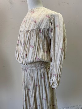 Childrens, Dress 1890s-1910s, N/L, Ecru, Lavender Purple, Cotton, Floral, Stripes - Vertical , W:22, C:32, Textured Stripes, 3/4 Sleeves, High Round Neck, Yoke Across Upper Chest with Finely Gathered Voluminous Pigeon Front Bust,  Horizontal Pleats Near Hem, Hook & Eye Closures in Back,