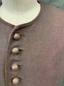 Mens, Historical Fiction Piece 2, MTO, Brown, Linen, Solid, 40, Wooden Bead Button Front, Passementerie Trim, 2 Flap Pockets with Wooden Bead Trim, Tab Back Waist Tie/Lacing, 3 Back Slits, Aged/Distressed,  1700's Reproduction