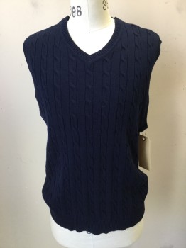 CLUBROOM, Navy Blue, Cotton, Cable Knit, Solid, V-neck, Pullover,