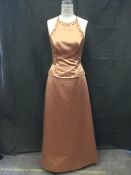 N/L, Bronze Metallic, Polyester, Solid, Halter Dress with Back Lace/Ties with Loops, Self Floral Embroidery with Silver Beading, Boning Front, Top Attached to Skirt, Floor Length Hem, with Matching Shawl