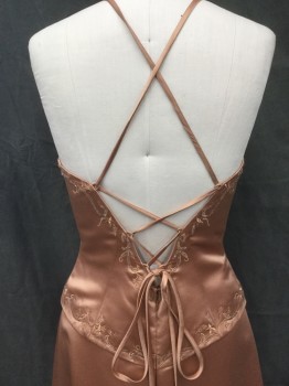 N/L, Bronze Metallic, Polyester, Solid, Halter Dress with Back Lace/Ties with Loops, Self Floral Embroidery with Silver Beading, Boning Front, Top Attached to Skirt, Floor Length Hem, with Matching Shawl