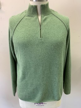 Mens, Pullover Sweater, BROOKMORE, Jade Green, Cashmere, Solid, XL, Henley, Long Sleeves, Half Zip, Mock Turtle Neck, Self Piping