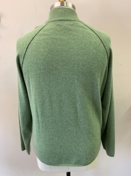 Mens, Pullover Sweater, BROOKMORE, Jade Green, Cashmere, Solid, XL, Henley, Long Sleeves, Half Zip, Mock Turtle Neck, Self Piping