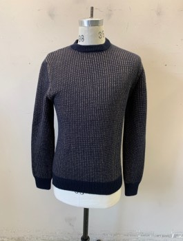 Mens, Pullover Sweater, A.P.C., Royal Blue, Lt Brown, Wool, Cashmere, 2 Color Weave, S, Woven Pattern, Crew Neck, Lambs Wool