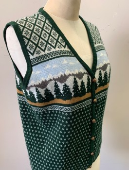 Womens, Vest, EMPRESS, Forest Green, Cream, Beige, Lt Blue, Acrylic, Novelty Pattern, M, Pine Trees/Winter Landscape Pattern Across Chest, Repeating Diamonds Pattern Elsewhere, Knit, V-neck, Rose Gold Buttons at Front