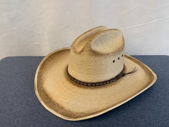 Mens, Cowboy Hat, RESISTOL, Tan Brown, Straw, 60, 7.5, Sturdy Straw, Molded, Dark Brown Leather Braided Hat Band