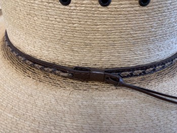 Mens, Cowboy Hat, RESISTOL, Tan Brown, Straw, 60, 7.5, Sturdy Straw, Molded, Dark Brown Leather Braided Hat Band
