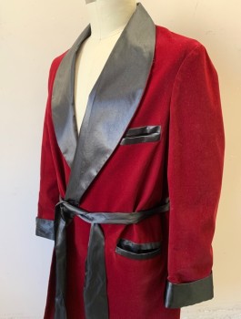 Mens, Smoking Jacket, NINE DEEP, Cranberry Red, Black, Polyester, Solid, L, Velvet, with Contrasting Black Satin Shawl Lapel and Cuffs, 3 Pockets, 1 Hidden Button/Tab Closure, Belt Loops, **With Matching Black Satin Sash BELT