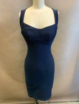 Womens, Cocktail Dress, NL, Navy Blue, Polyester, S, Ribbed Texture, Body-con, 1" Straps, Sweetheart Neck, Open Beck, Zip Side, Self Stripe, Hem Above Knee