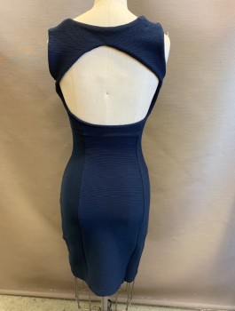 Womens, Cocktail Dress, NL, Navy Blue, Polyester, S, Ribbed Texture, Body-con, 1" Straps, Sweetheart Neck, Open Beck, Zip Side, Self Stripe, Hem Above Knee