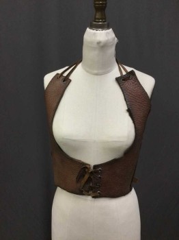 Womens, Sci-Fi/Fantasy Vest, M.T.O., Brown, Leather, Solid, Adj, Harness/Bra, Lace Up Front, Double Lace Neck, 2 D Ring Belts Back
