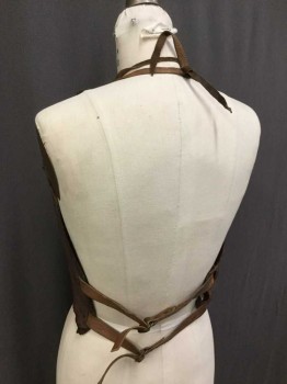 Womens, Sci-Fi/Fantasy Vest, M.T.O., Brown, Leather, Solid, Adj, Harness/Bra, Lace Up Front, Double Lace Neck, 2 D Ring Belts Back