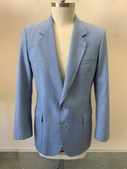 Mens, Blazer/Sport Co, ROGERS, Lt Blue, Polyester, Wool, Heathered, 42L, Notched Lapel, Single Breasted, Button Front, 2 Buttons, 3 Pockets, Single Back Vent