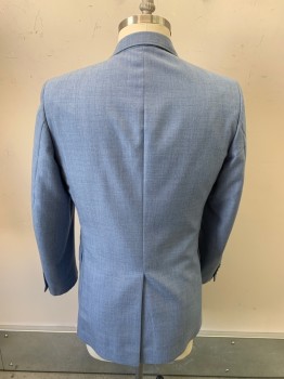 Mens, Blazer/Sport Co, ROGERS, Lt Blue, Polyester, Wool, Heathered, 42L, Notched Lapel, Single Breasted, Button Front, 2 Buttons, 3 Pockets, Single Back Vent