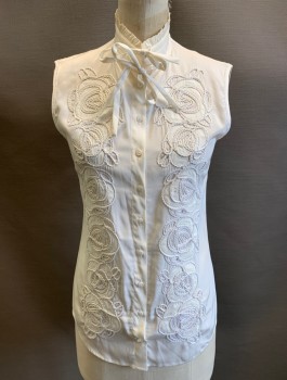 ANNE FONTAINE, Off White, Silk, Solid, Floral, Sleeveless, Button Front, Looped Cording Appliques Throughout, Stand Collar with Self Ruffle, Self Ties at Neck
