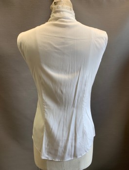 ANNE FONTAINE, Off White, Silk, Solid, Floral, Sleeveless, Button Front, Looped Cording Appliques Throughout, Stand Collar with Self Ruffle, Self Ties at Neck