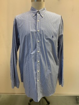 Ralph Lauren, Blue, White, Black, Cotton, Plaid, L/S, Button Front, Collar Attached, Embroiderred Logo on Chest
