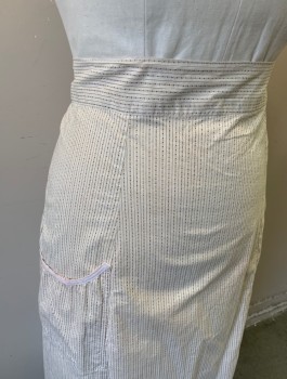 N/L, White, Lt Brown, Cotton, Stripes - Vertical , Calico , Half Apron, Tiny Diamonds and Stripes Pattern, Slanted Patch Pocket at 1 Hip, 2.5" Wide Self Waistband with 2 Button Closures in Back, Below Knee Length, Made To Order