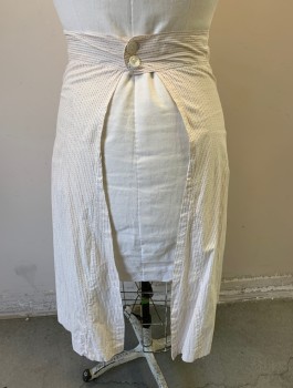 Womens, Apron 1890s-1910s, N/L, White, Lt Brown, Cotton, Stripes - Vertical , Calico , W:34, Half Apron, Tiny Diamonds and Stripes Pattern, Slanted Patch Pocket at 1 Hip, 2.5" Wide Self Waistband with 2 Button Closures in Back, Below Knee Length, Made To Order